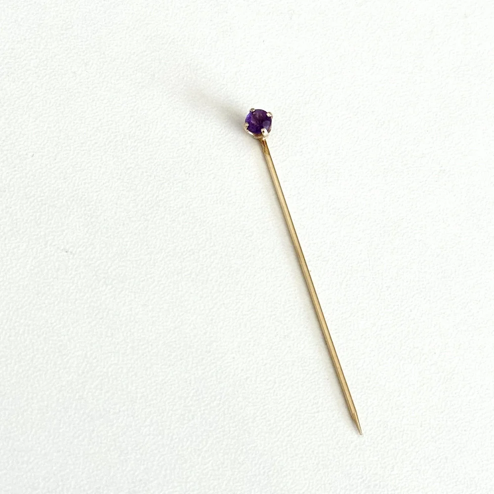 14K Yellow Gold Genuine Amethyst Gemstone Ladies Slim Stick Pin 2